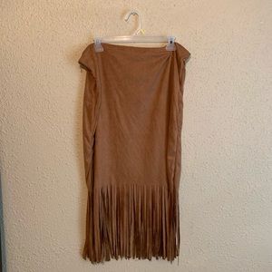SHEIN Brown Suede Fringe Midi Skirt